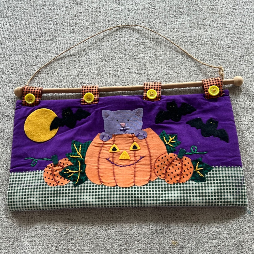 Handmade Reversible Halloween Thanksgiving Quilted Wall Hanging Cat Turkey 13in